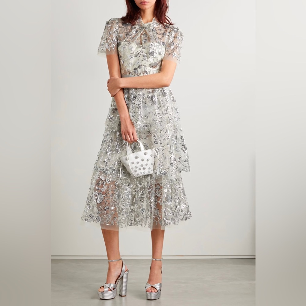 SELF-PORTRAIT Grosgrain-trimmed tiered sequined tulle midi dress. NWT. US 4/UK 8